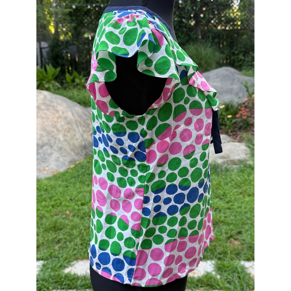 We Love Vera for Anthropologie 100% Silk Polka Dot Ruffle Blouse Green Pink 0 - Picture 2 of 5